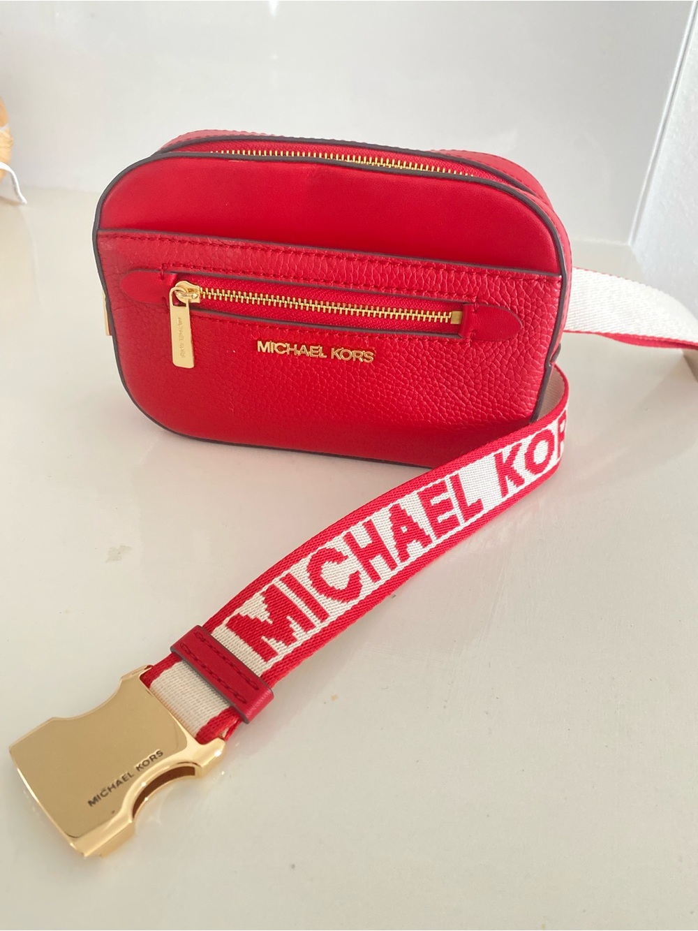Michael Kors Red Leather Crossbody Belt Bag with Logo Strap